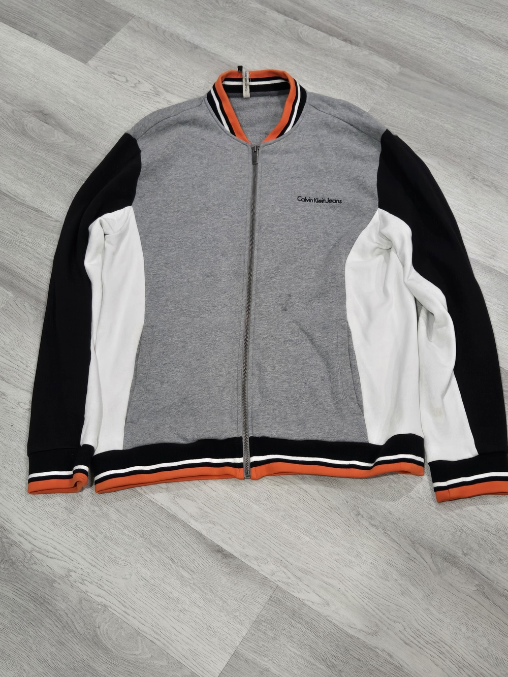 Calvin Klein Jeans Gray, Black, White & Orange Colorblock Zip-Up Sweater